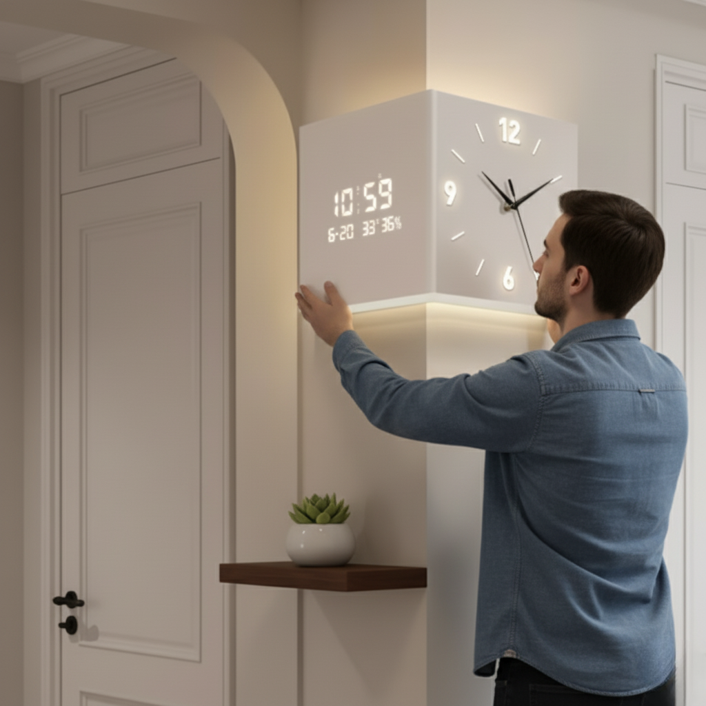 Modern Creative Sensor Luminous Corner Wall Lamp with Digital Timepiece & Hallway Decorative